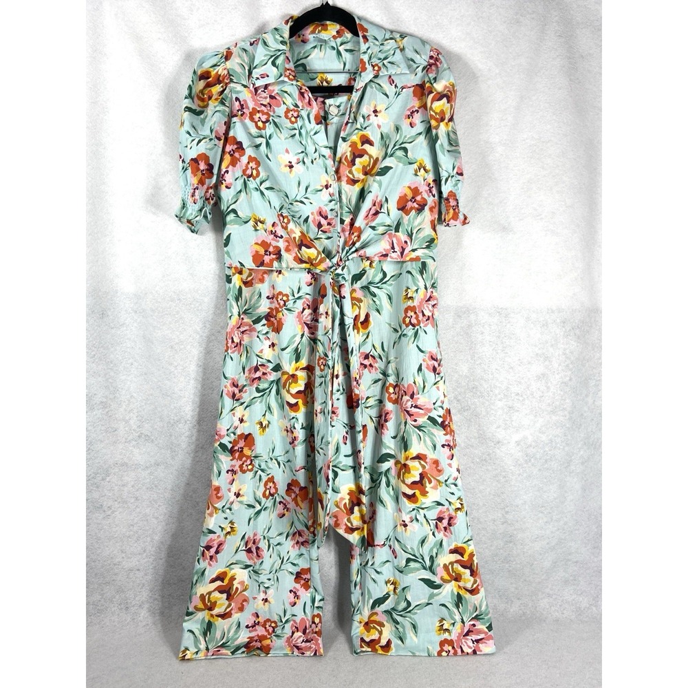 Guess 2PC Pants Set Womens Large Blue Red Floral Short Sleeve Tropical Aloha